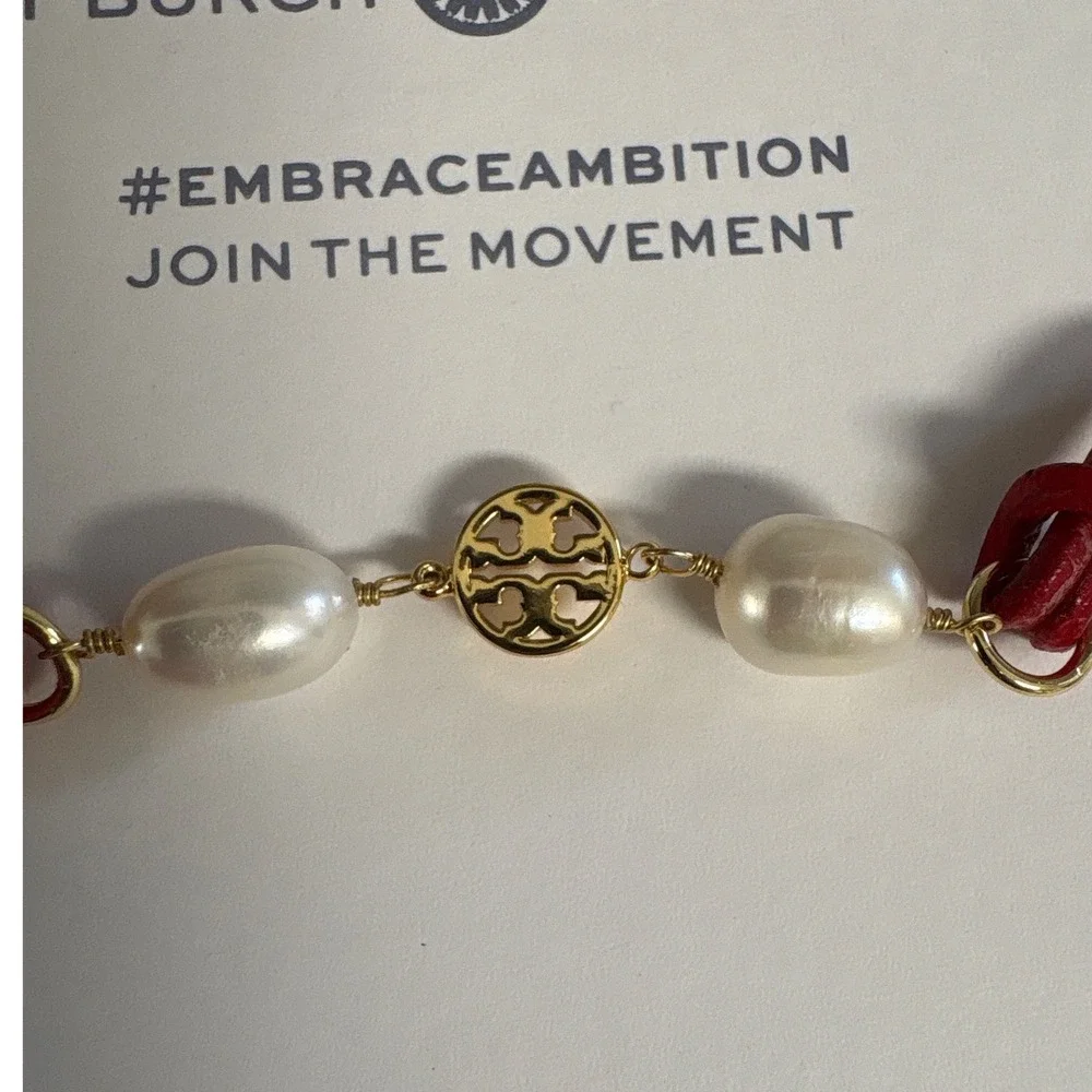 Tory Burch Embrace Ambition Red Silk Cord Pearl Bracelet Gold Logo Medallion
